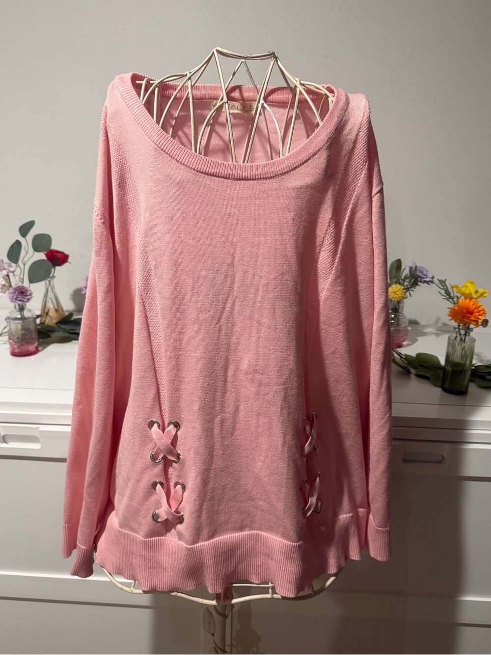 Women's Pink Lace-Up Detail Pullover Sweatshirt